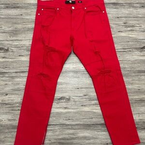 Bold Red Distressed Jeans